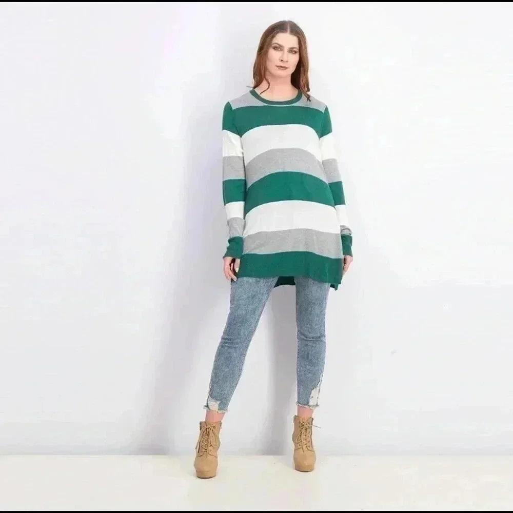 Maison Jules Striped Sweater Green Gray Size Large